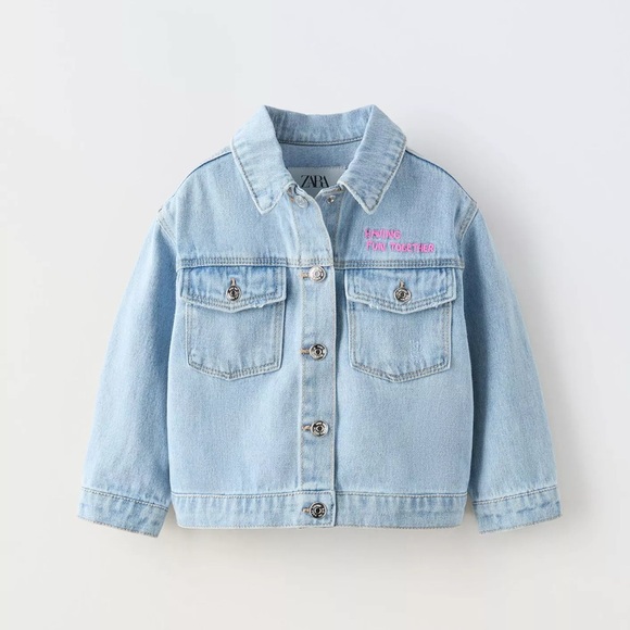 Zara Other - Zara Light Blue Denim Jacket with Pink Embroidered Detail